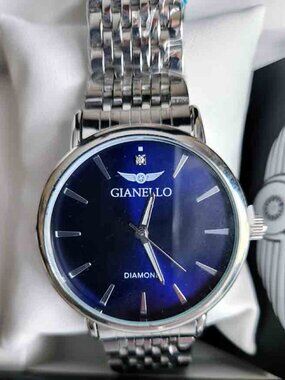 Gianello LANZI Round Silver Link 1/10 Diamond Quartz Watch Blue Face Men's
